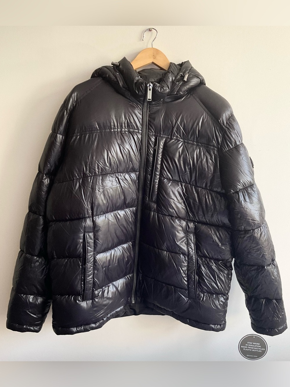 NWT Michael Kors | Mens Black Glossy Hooded Puffer Jacket Insulated Coat | L